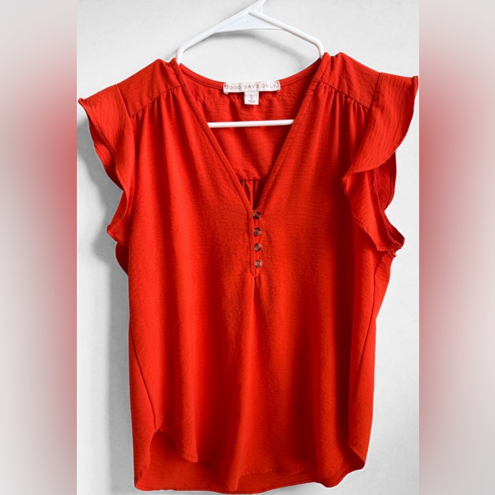 Red Ruffled Buttoned Blouse with V-Neckline